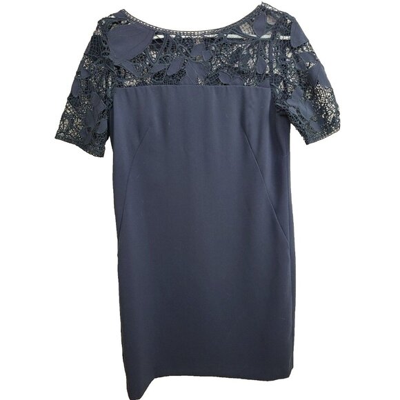 Ann Taylor Womens Shift Dress Size 4 Navy Lace Illusion Short Sleeve Minimalist - Picture 1 of 8